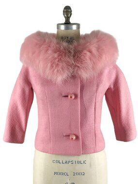 Vintage 50s 60s Pink Dyed Fox Fur Wool Cropped Jacket Powder-puff Cupcake